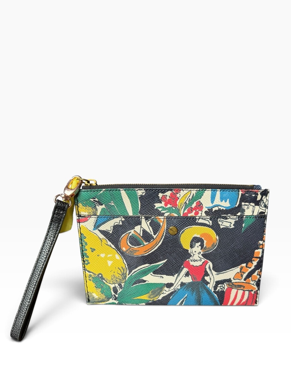 J. Crew Multicolor Illustrated Wristlet Clutch in Black, Yellow, Blue, Red NWT